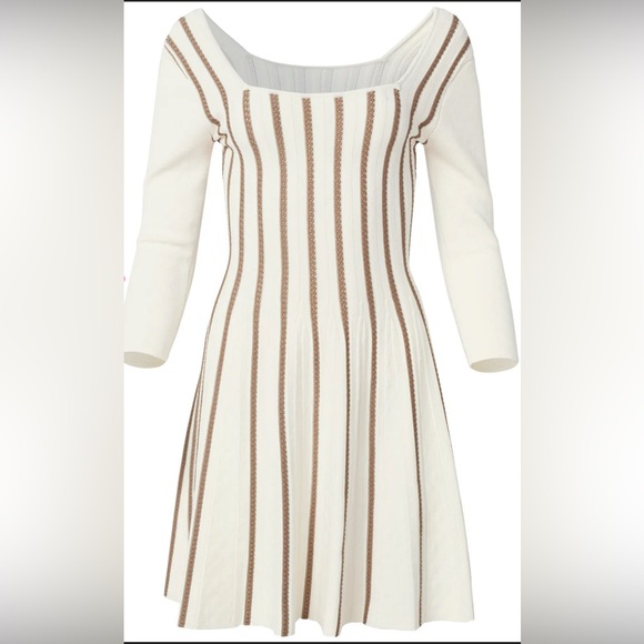 A-Line Sweater Dress cream and tan vertical stripes - Picture 2 of 16